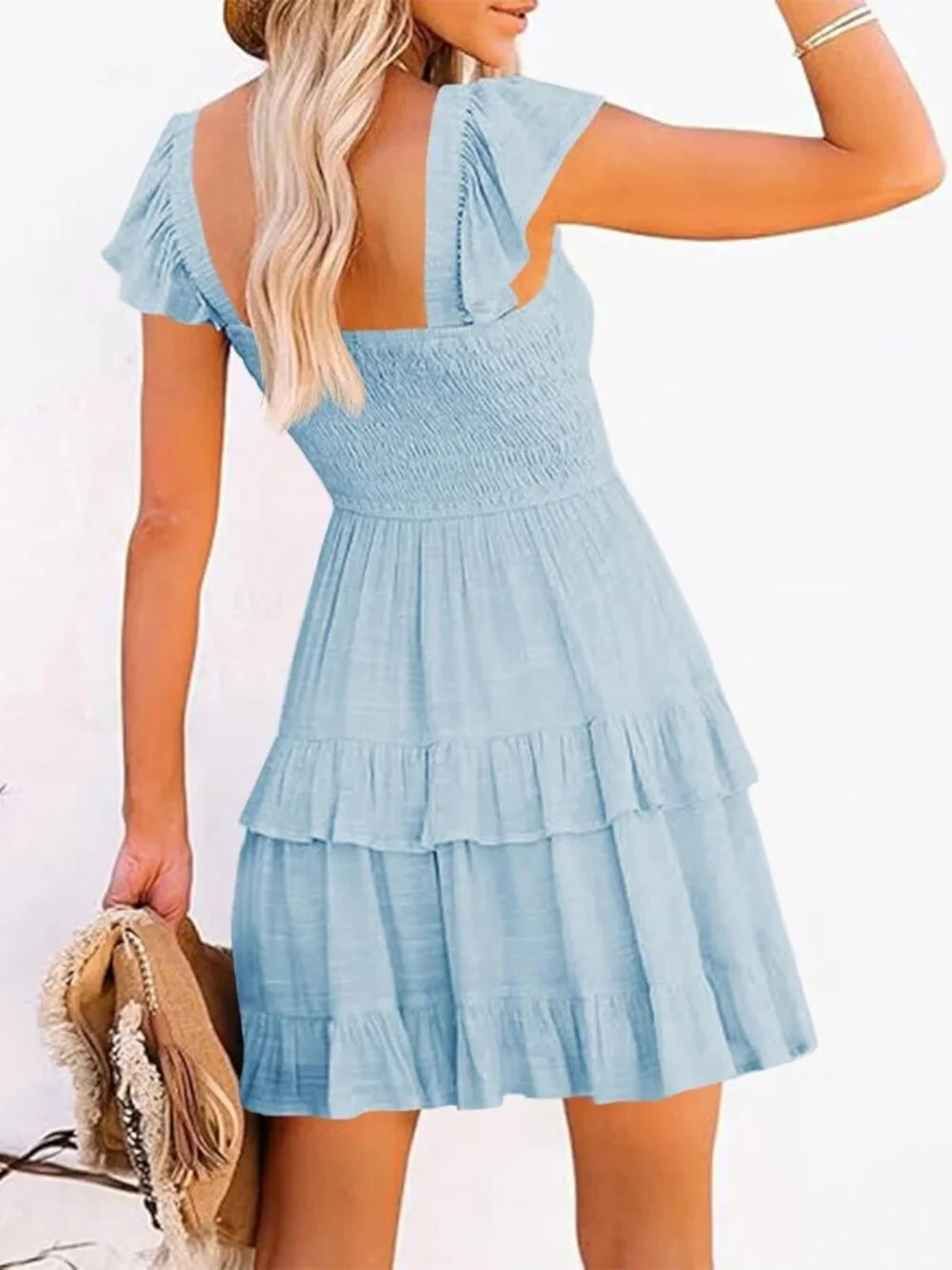 Women's Summer Dress Boho Sky Blue Smocked Ruffle Sun Beach Mini Swing Dress